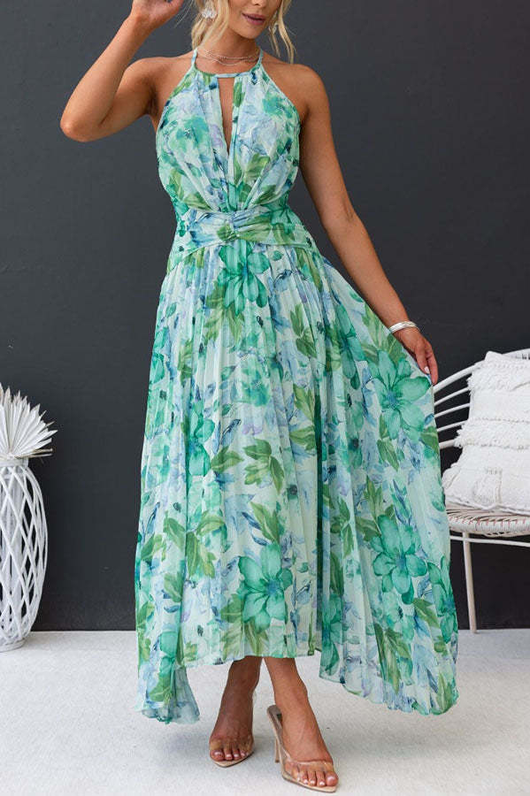 Floral Midi Dress for Women – Halter Neck & Tie Waist