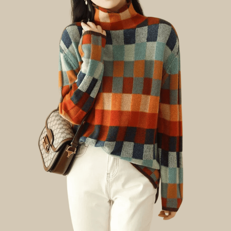 Soft cashmere turtleneck sweater | Stylish patchwork design