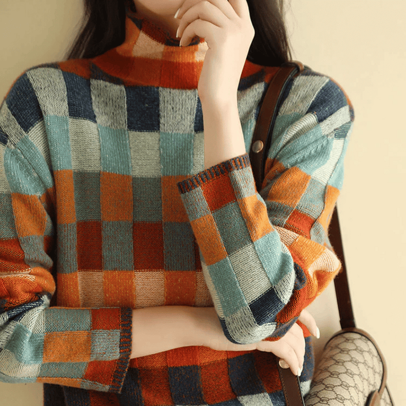 Soft cashmere turtleneck sweater | Stylish patchwork design