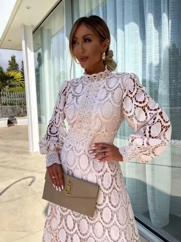 Lace Midi Dress Women – Geometric Lace Overlay & Puff Sleeves