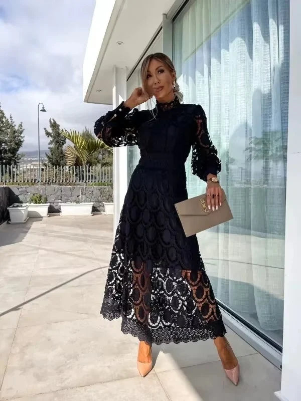 Lace Midi Dress Women – Geometric Lace Overlay & Puff Sleeves
