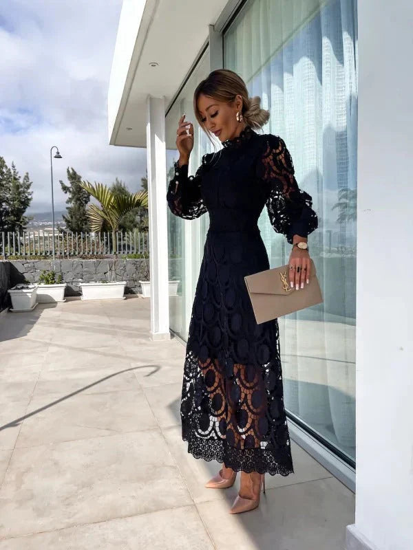 Lace Midi Dress Women – Geometric Lace Overlay & Puff Sleeves